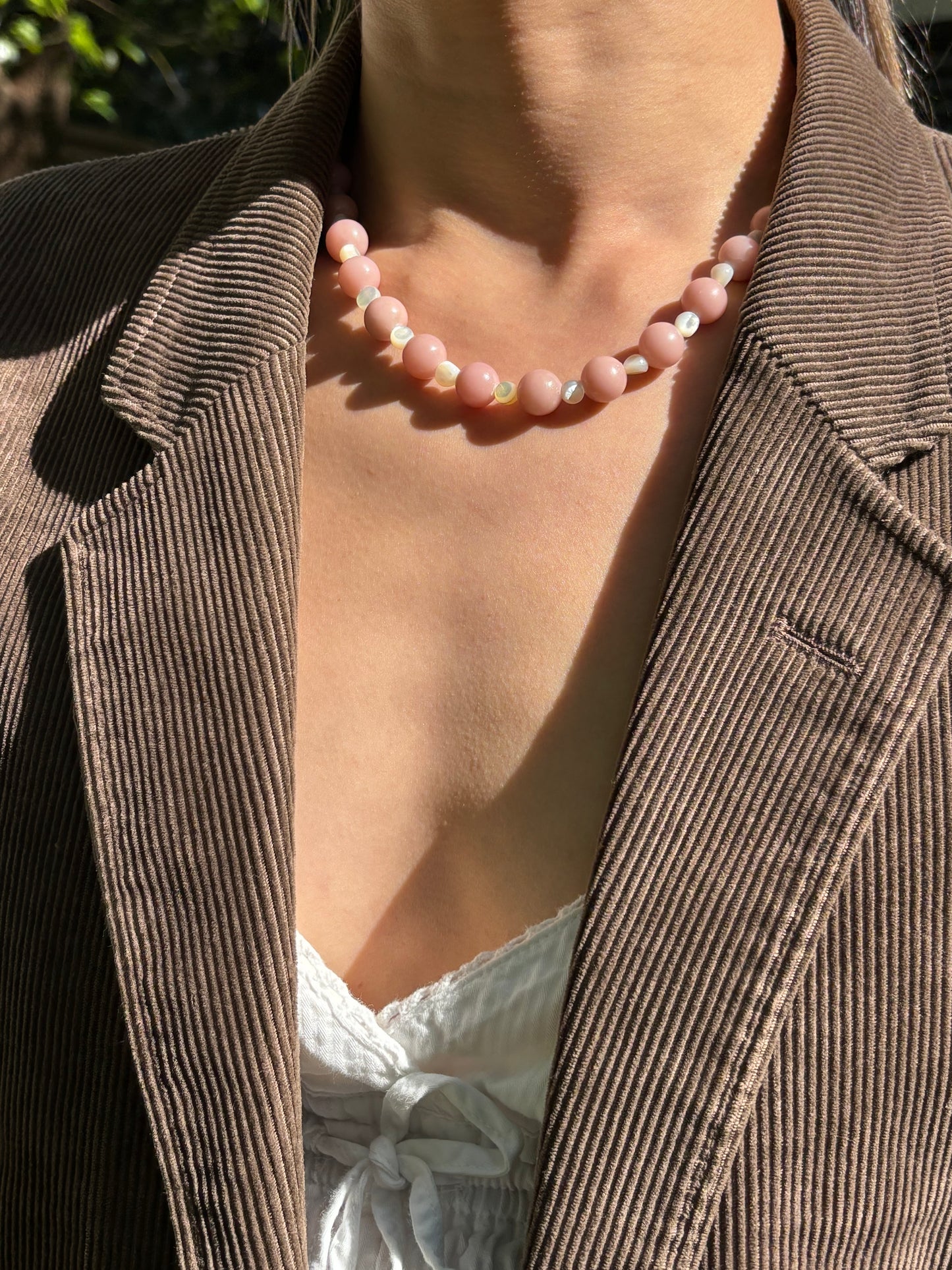 Pink Chalcedony & Pearl Beaded Necklace