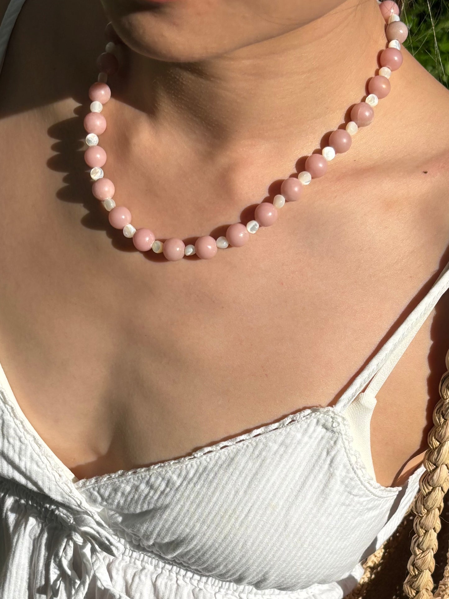 Pink Chalcedony & Pearl Beaded Necklace