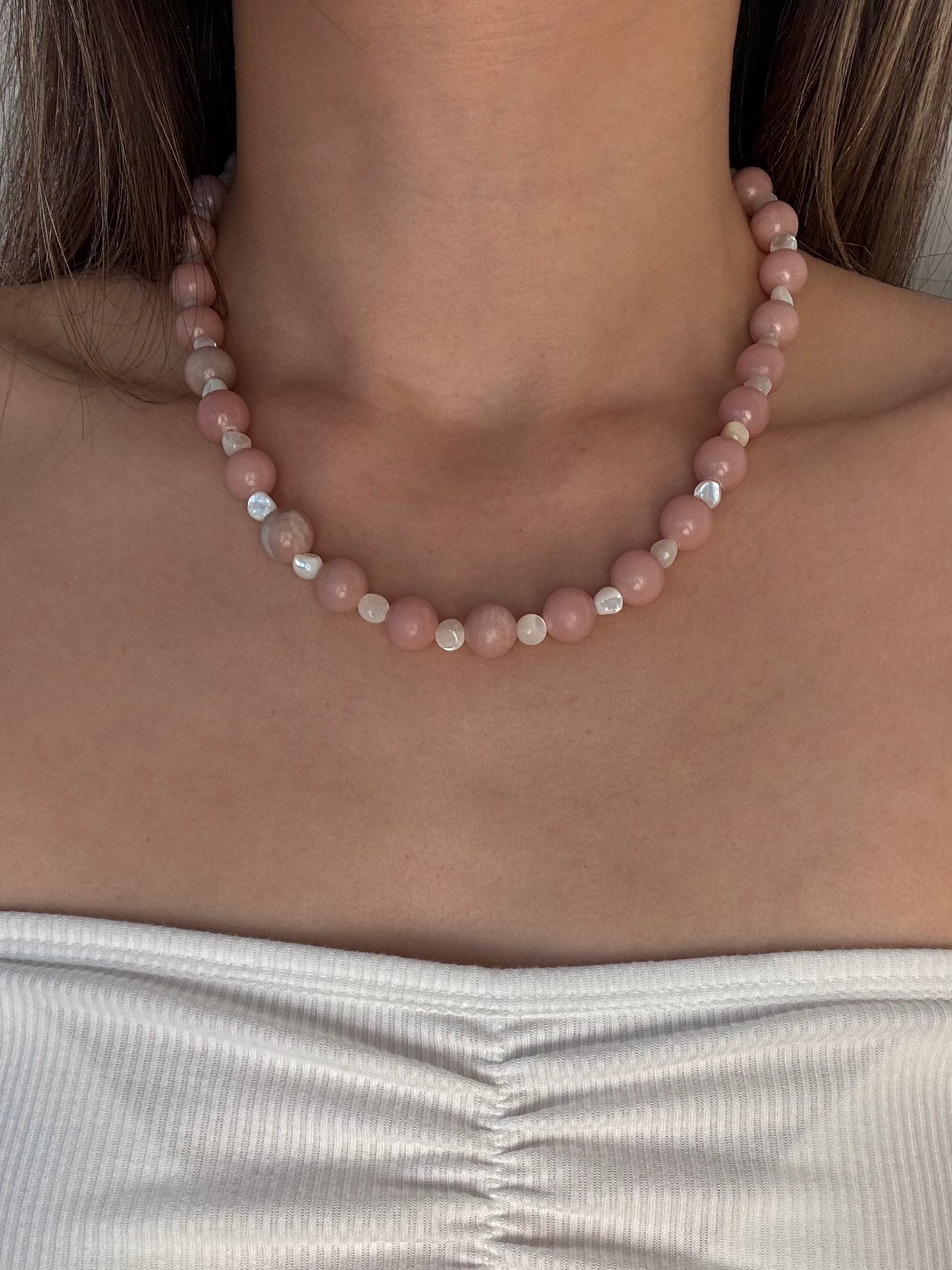 Pink Chalcedony & Pearl Beaded Necklace